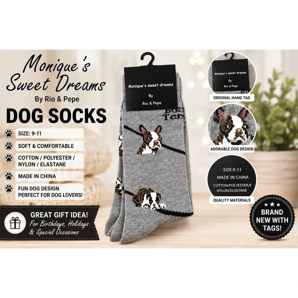Monique's Sweet Dreams Rio & Pepe Boston Terrier Dog Socks Gray Size 9-11 NWT